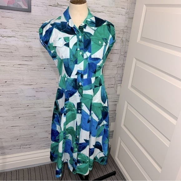 Jones New York Fit Flare Midi Dress Sz 4 Blue Green White Tropical Button Front - Picture 4 of 11